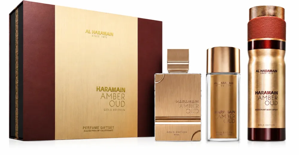 Amber Oud Gold Edition Geschenkset Eau de Parfum 75 ml + Eau de Parfum 30 ml + parfümiertes Körperspray Unisex 75 ml parfemovana voda 30 ml telova mlha parfemovana voda 200 ml unisex