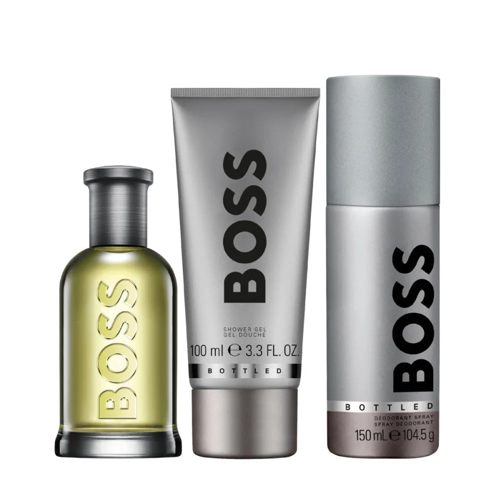 Boss Bottled Geschenkset für Männer Eau de Toilette 100 ml + Duschgel 100 ml + Deospray 150 ml 100 ml + sprchový gel 100 ml + deosprej 150 ml