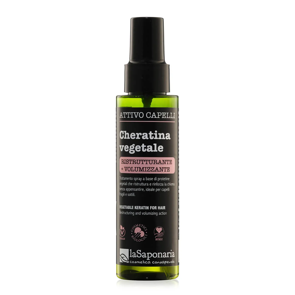 laSaponaria Pflanzliches Keratin für das Haar - aktives restrukturierendes und volumenspendendes Spray (100 ml) - geeignet für geschädigtes und feines Haar