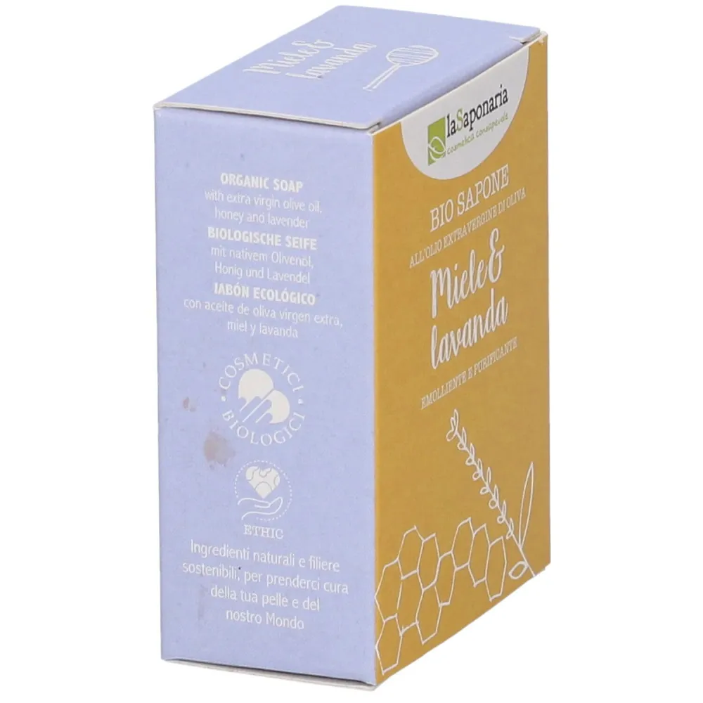 laSaponaria Feste Bio-Olivenölseife - Honig und Lavendel (100 g) - für Körper und Gesicht geeignet