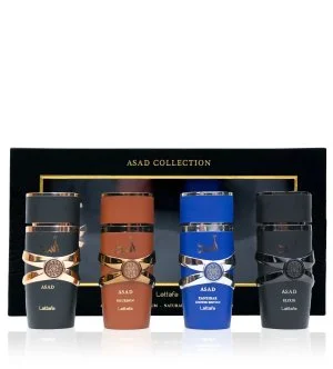 Lattafa Asad Collection Geschenkset Asad 25 ml + Asad Bourbon Eau de Parfum 25 ml + Asad Zanzibar Eau de Parfum 25 ml + Asad Elixir Eau de Parfum für Herren