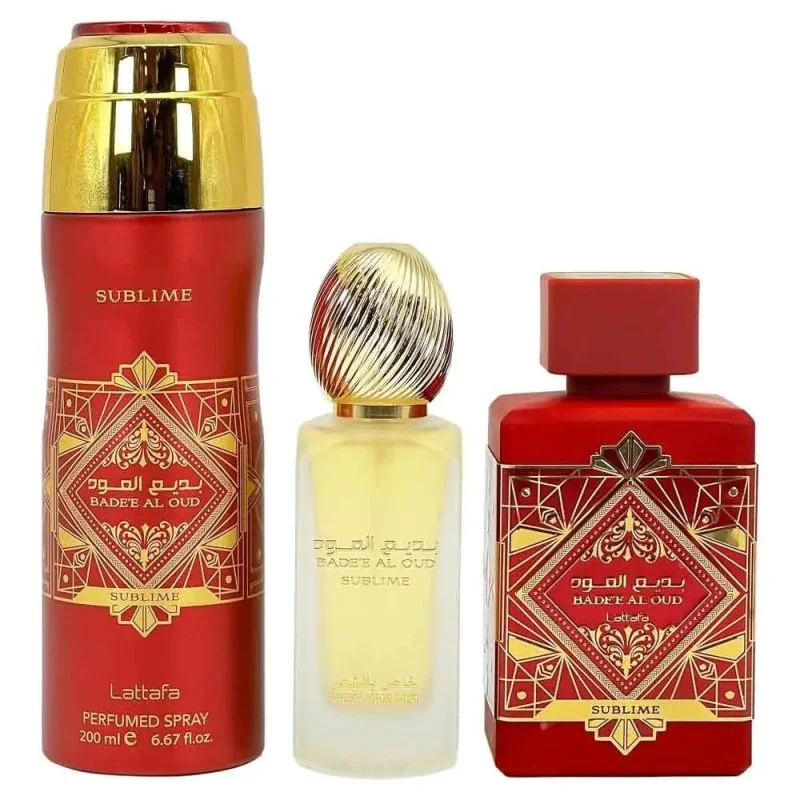 Badee Al Oud Sublime Geschenkset – 100 ml + parfümiertes Spray 200 ml + Haarnebel Eau de Parfum 50 ml