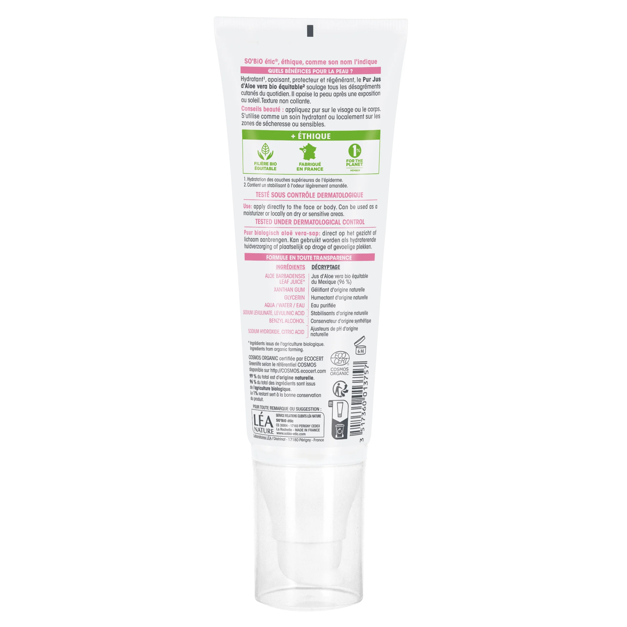 SO’BiO étic Aloe Vera Gel - hypoallergen, BIO (125 ml) - intensive Feuchtigkeit und Beruhigung der Haut