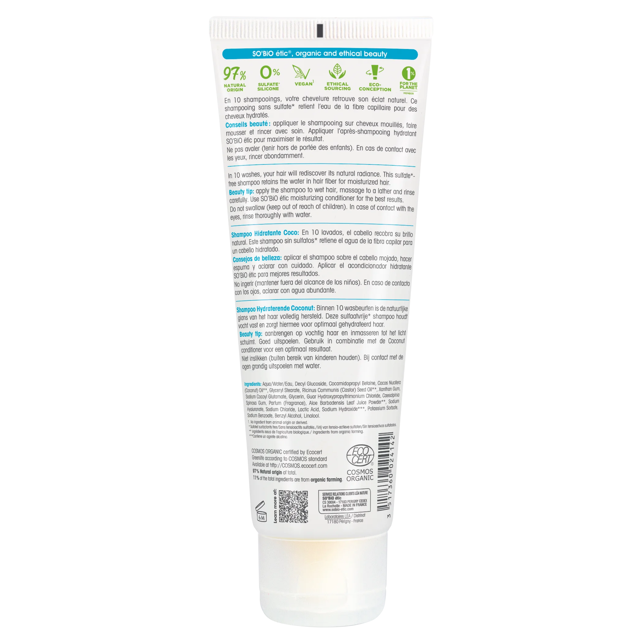 SO’BiO étic Feuchtigkeitsspendendes Shampoo Kokos & Hyaluronsäure BIO (250 ml) - für alle Haartypen