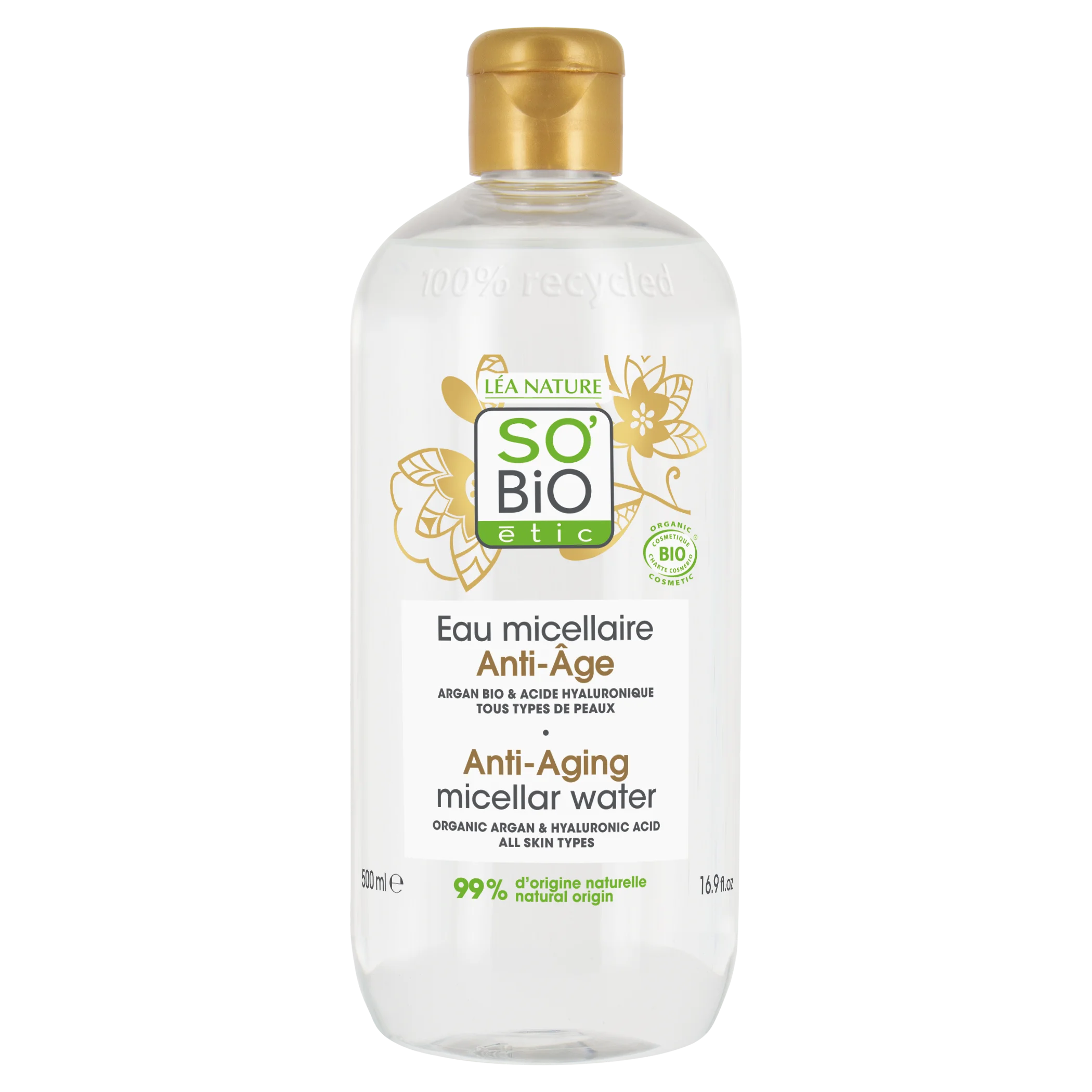 SO’BiO étic Anti-Age Precieux Argan Anti-Age Mizellenwasser mit Hyaluron BIO (500 ml) – mit Hyaluronsäure