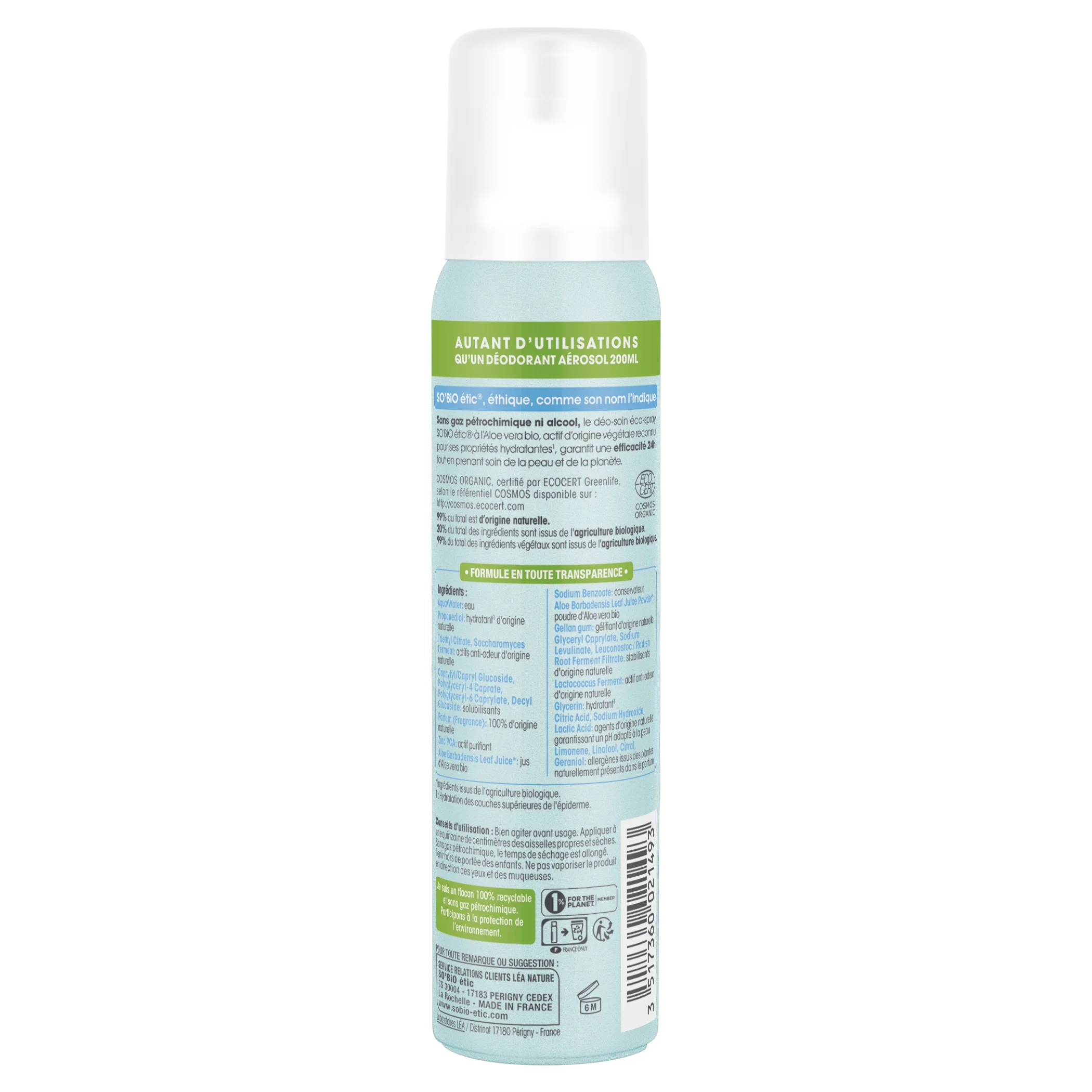 SO’BiO étic Natürliches Deodorant ECO SPRAY 24h - Aloe Vera BIO (100 ml) - wirksam bis zu 24 Stunden