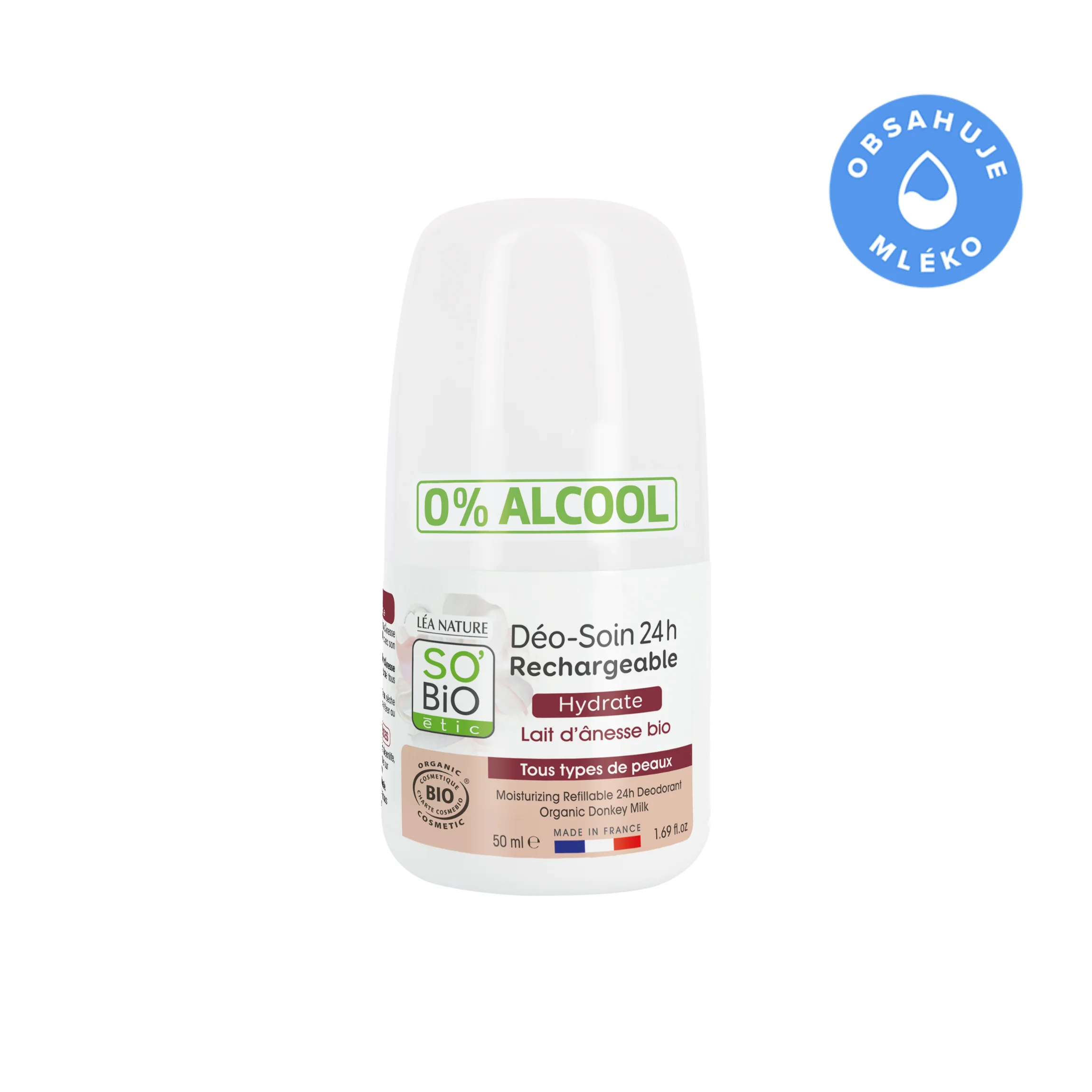 SO’BiO étic Deodorant Roll-on 24h feuchtigkeitsspendend mit Eselsmilch - nachfüllbar, BIO (50 ml) - auch für empfindliche Haut