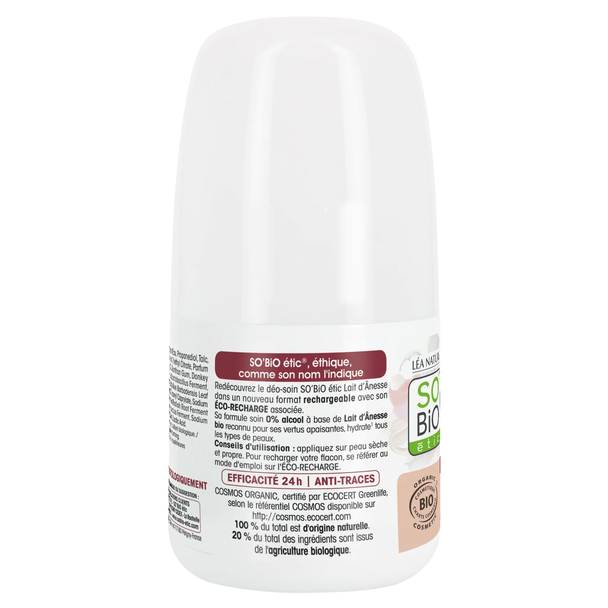 SO’BiO étic Deodorant Roll-on 24h feuchtigkeitsspendend mit Eselsmilch - nachfüllbar, BIO (50 ml) - auch für empfindliche Haut