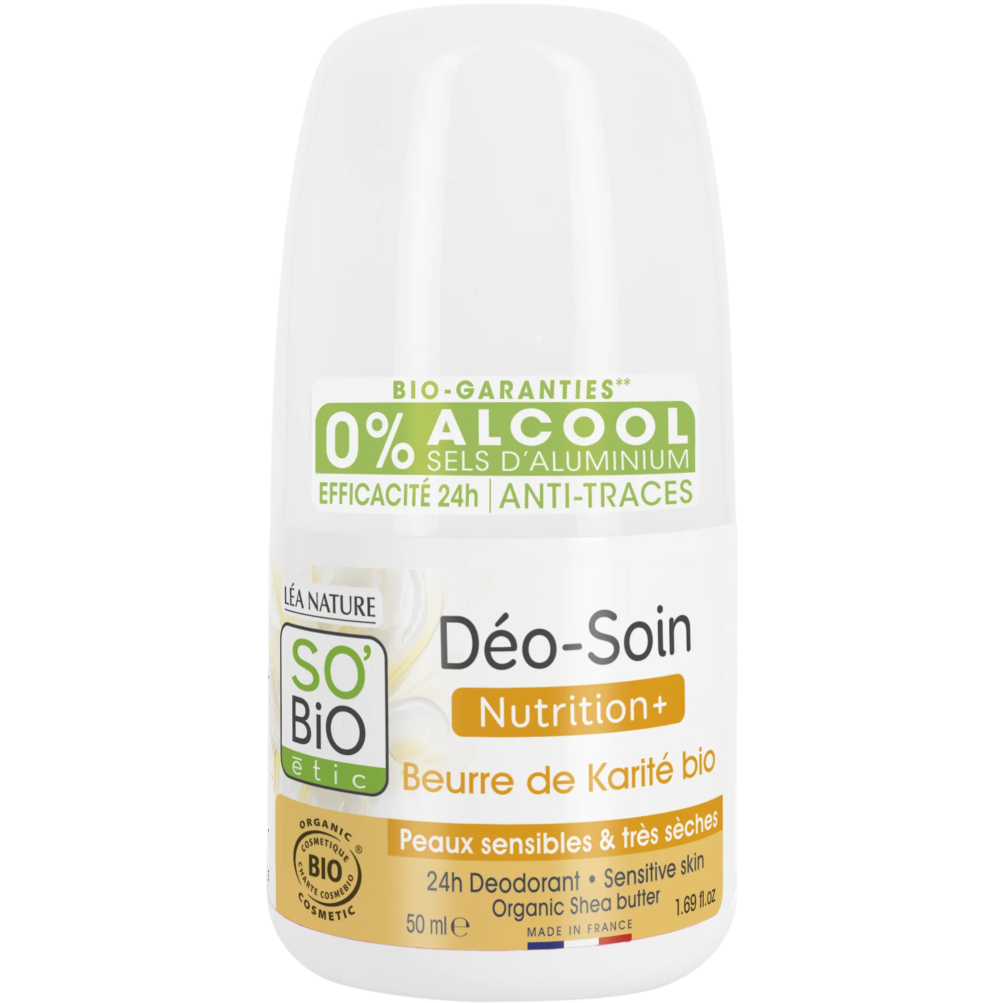 SO’BiO étic Deodorant Roll-on 24h Nutrition+ mit Bio-Sheabutter (50 ml) - wirkt bis zu 24 Stunden