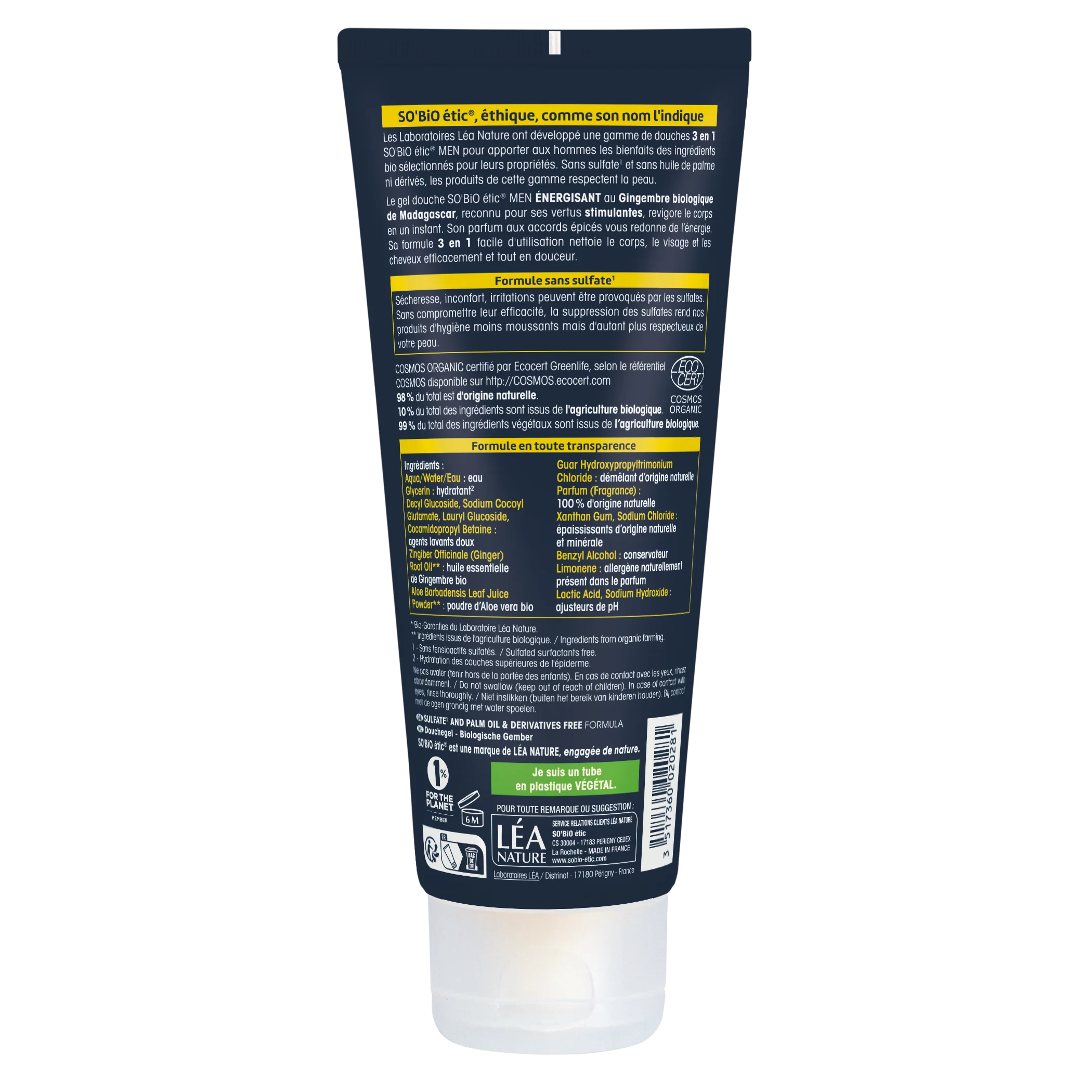 SO’BiO étic MEN 3in1 Duschgel – belebender Bio-Ingwer (200 ml) – für Körper, Gesicht und Haare