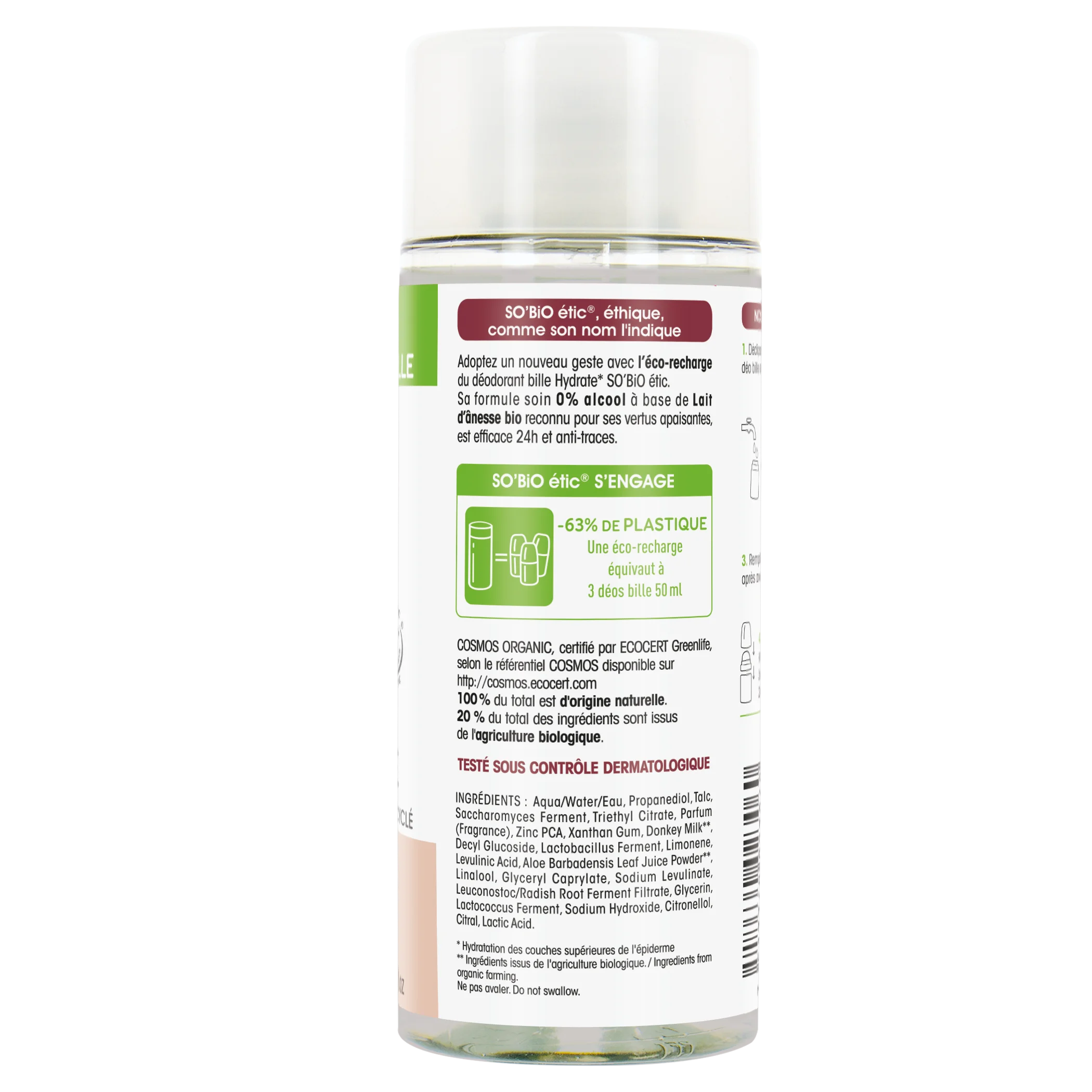 SO’BiO étic Nachfüllung für 24h feuchtigkeitsspendendes Roll-on-Deodorant mit Bio-Eselsmilch (150 ml) - eine Nachfüllung ersetzt drei Roll-ons