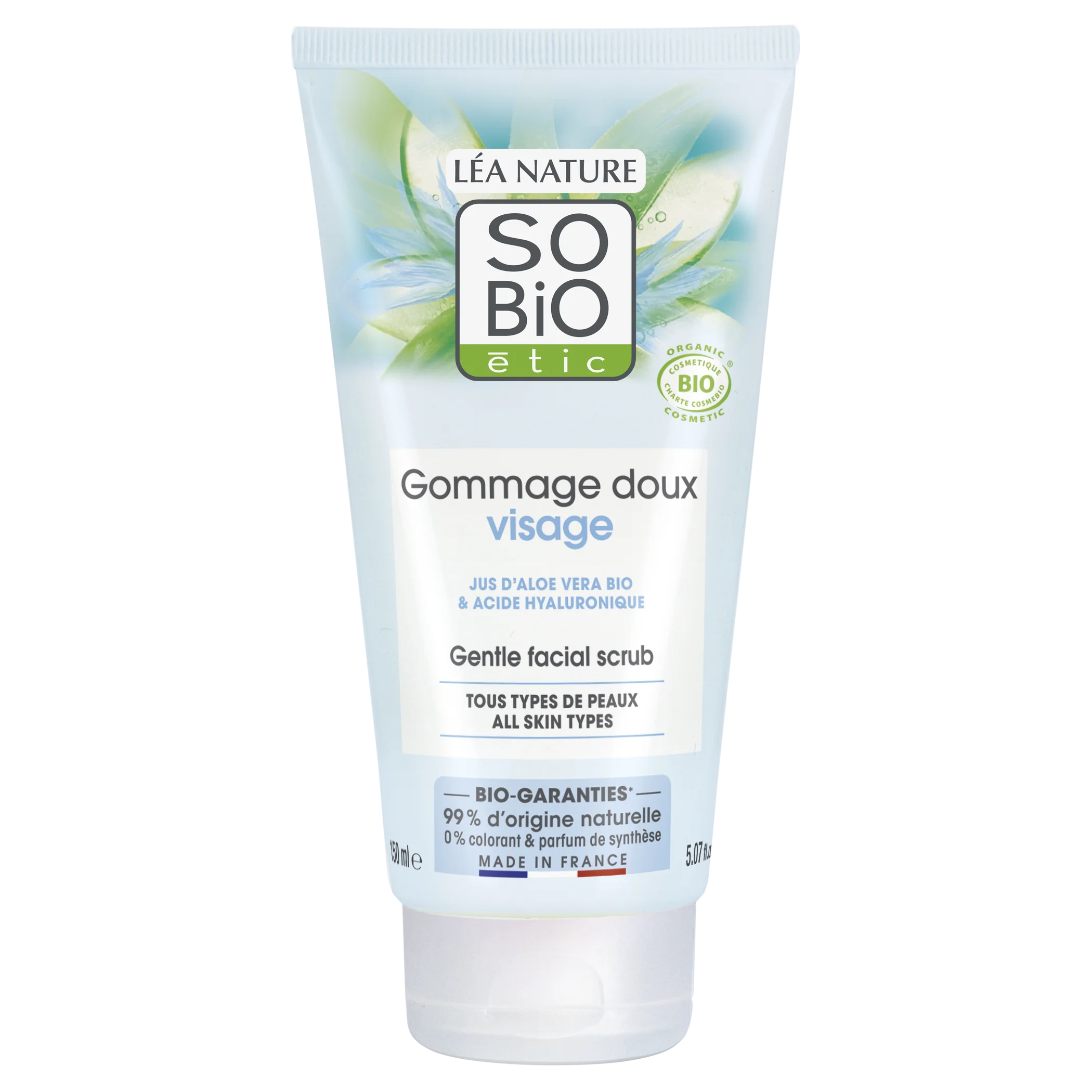 SO’BiO étic Sanftes Peeling für häufige Anwendung Aloe Vera, feuchtigkeitsspendend, BIO (150 ml) - mit Hyaluronsäure