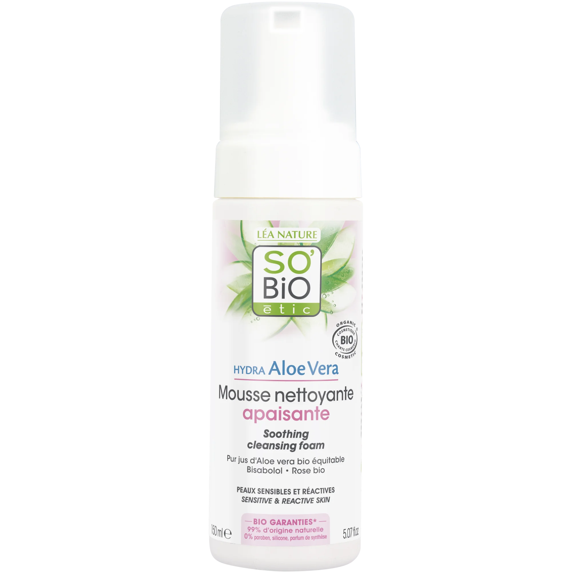 SO’BiO étic Beruhigender Reinigungsschaum Aloe Vera BIO (150 ml) – angereichert mit Rosenwasser