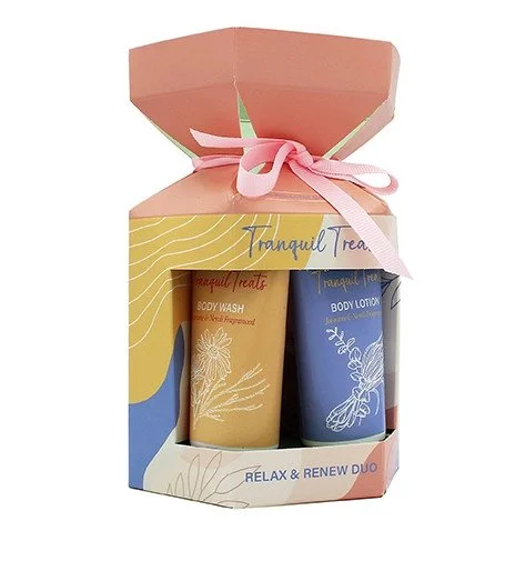 Tranquil Treats Geschenkset Duschgel + Bodylotion 50 ml + Waschschwamm