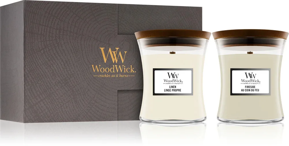 Fireside, Linen Geschenkset WoodWick Fireside, Linen dárková sada