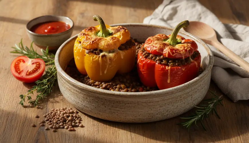 Linseneintopf als Füllung für überbackene Paprika