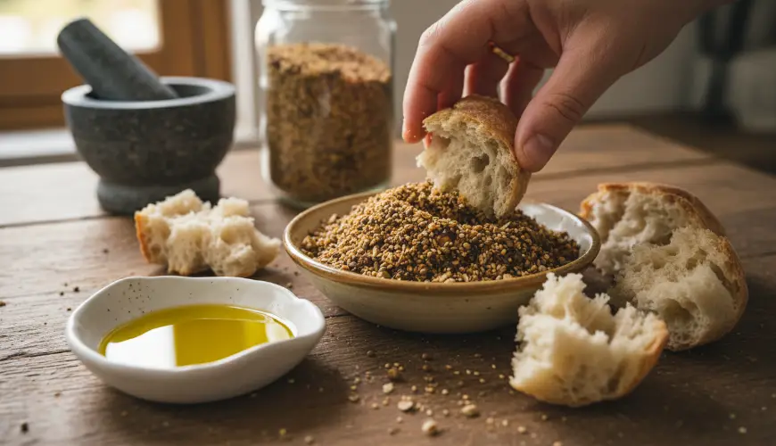 Dukkah ist eine knusprige ägyptische Mischung zum Dippen von Brot in Öl