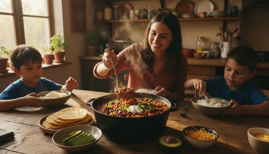 Fleischloser Bohnen-Chilli-Topf, der die ganze Familie satt macht