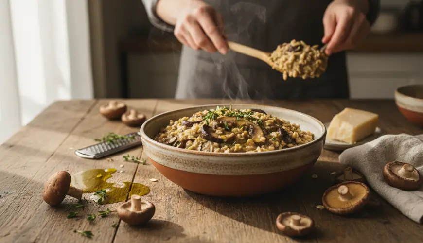 Salzige Haferflocken-Oatto mit Pilzen als gesunde Alternative zu Risotto