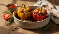 Linseneintopf als Füllung für überbackene Paprika