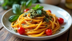 Gesunde Kürbisspaghetti mit Pesto für ein schnelles und einfaches Gericht