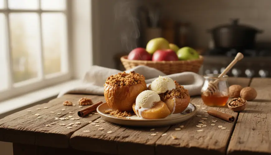 Duftendes gebackenes Apfel mit Haferkrümel für ein süßes Vergnügen