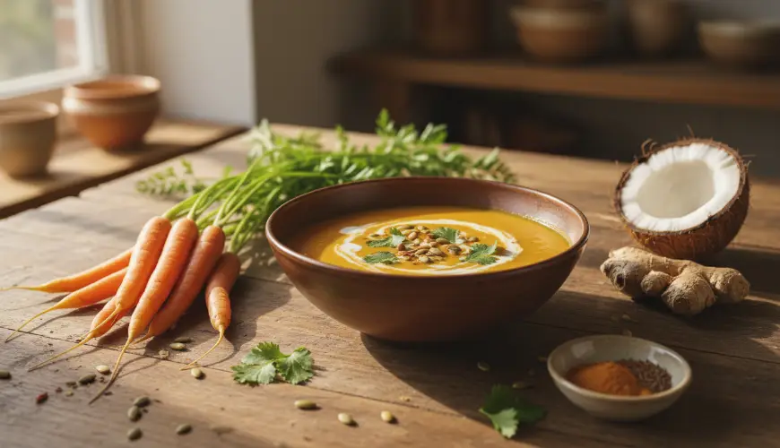 Probieren Sie die Cremesuppe aus gerösteten Karotten und Ingwer mit Kokosmilch