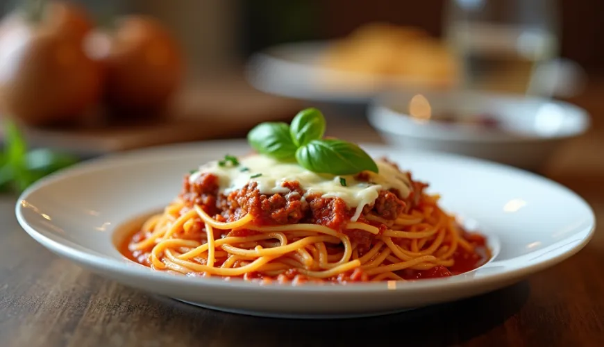 Gebackene Spaghetti mit Hackfleisch, die Sie vollständig sättigen und erfreuen