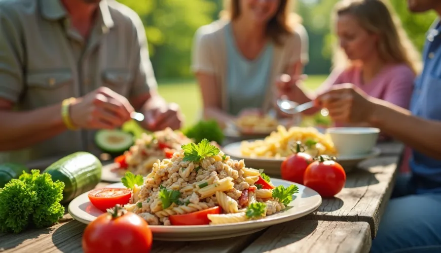 Ein gesunder Nudelsalat mit Thunfisch bietet eine großartige Kombination aus Geschmack und Nährstoff